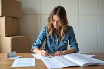 Jeune femme remplissant des papiers de demenagement