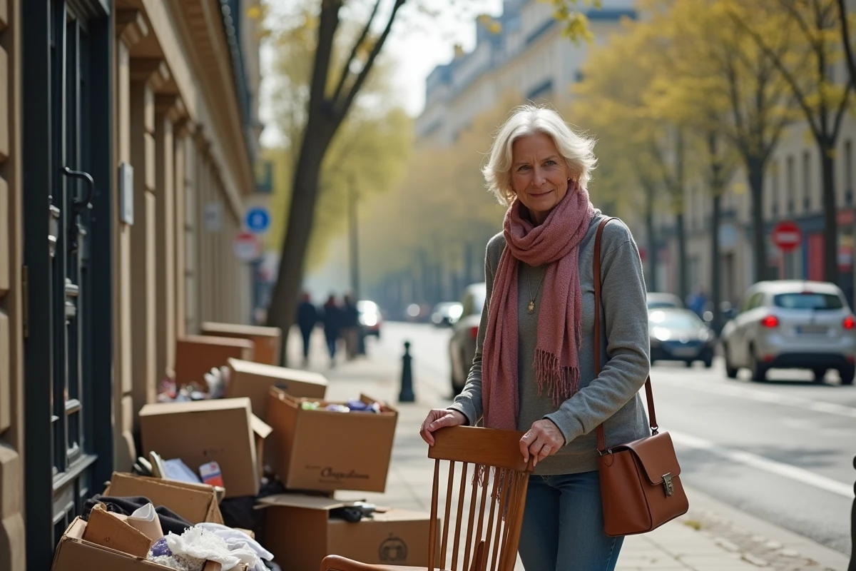 Femme parisienne d&eacute;posant une chaise en ville