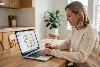 Femme consultant des plans de maison en ligne sur un ordinateur portable dans une cuisine moderne