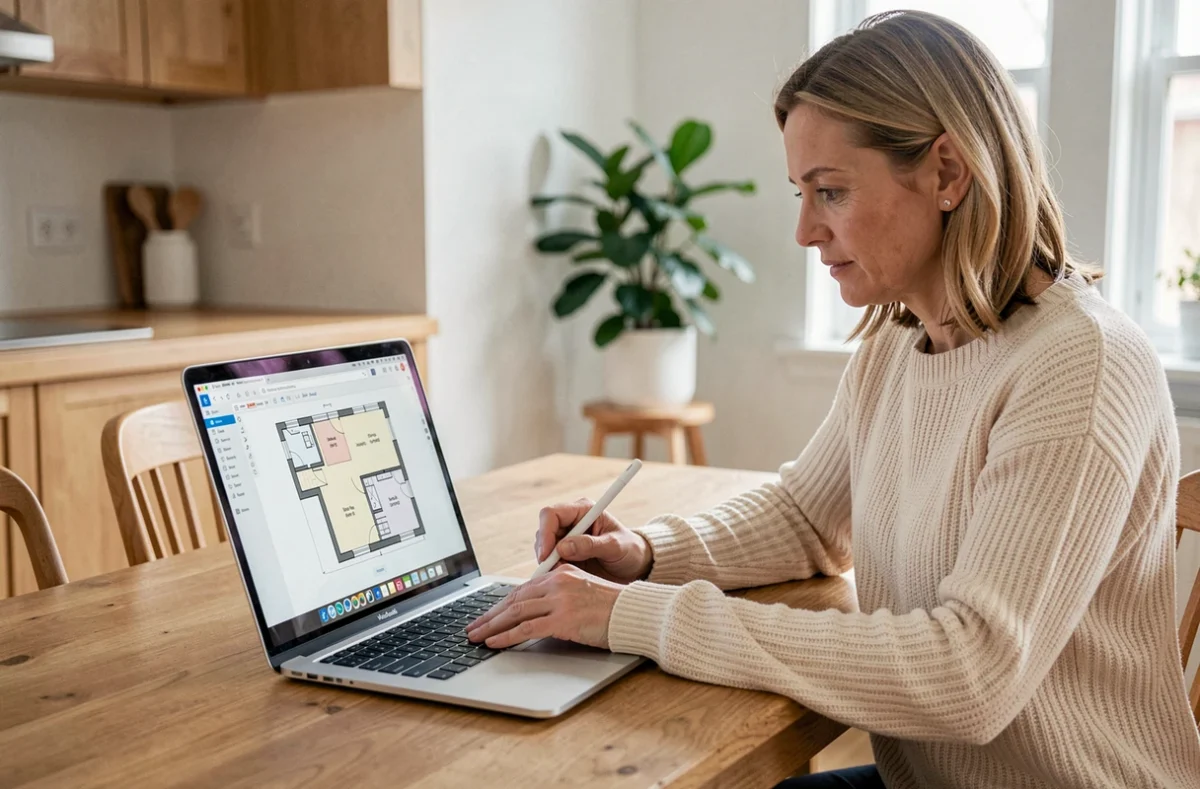 Femme consultant des plans de maison en ligne sur un ordinateur portable dans une cuisine moderne