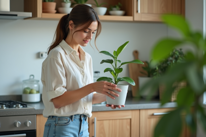 Femme examinant une plante purifiante dans une cuisine moderne