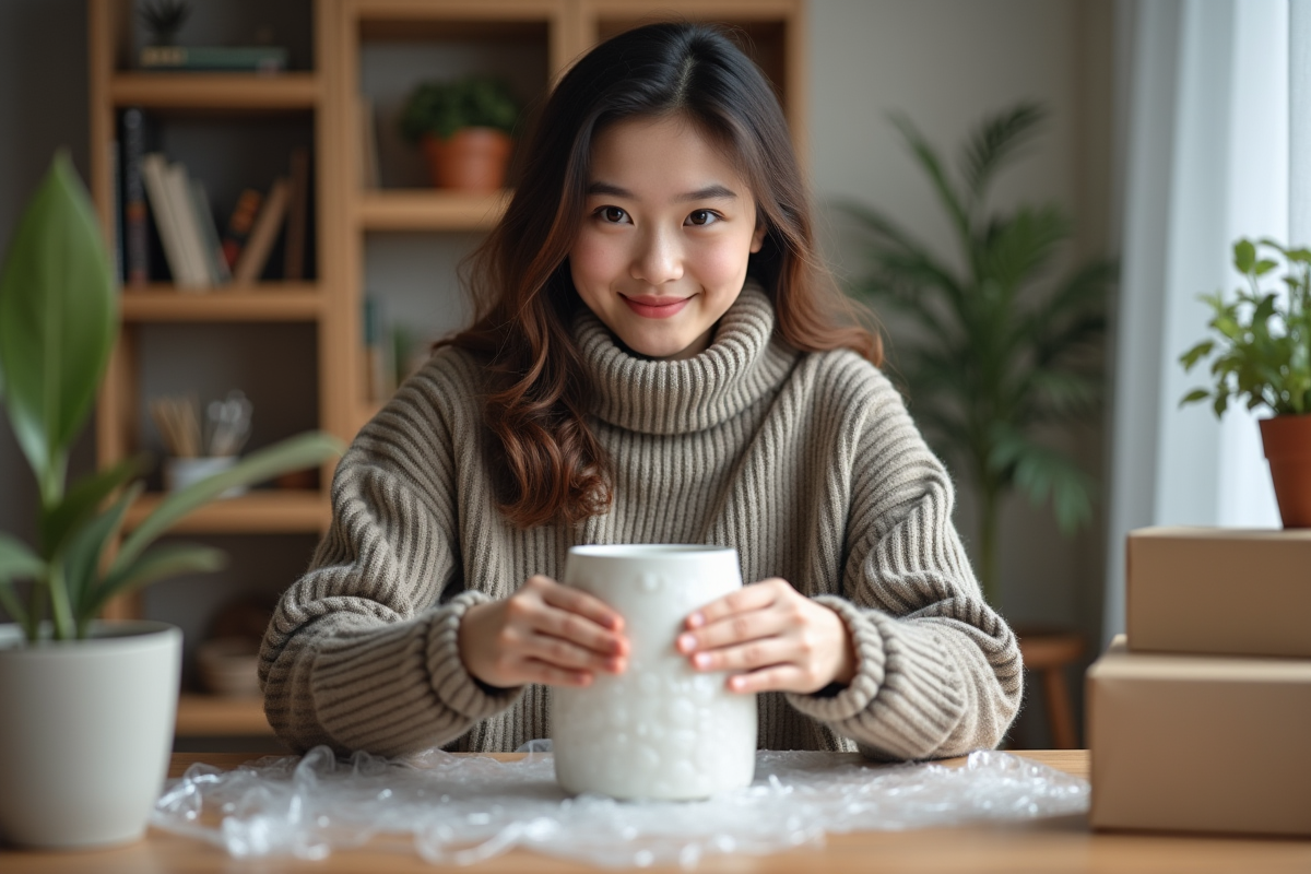 Jeune femme emballant une vase en bubble wrap à la maison