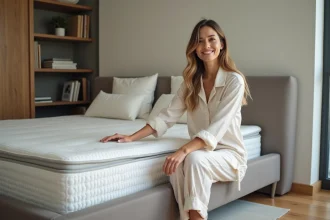 Femme en pyjamas confortables sur un matelas premium