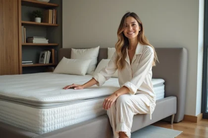 Femme en pyjamas confortables sur un matelas premium