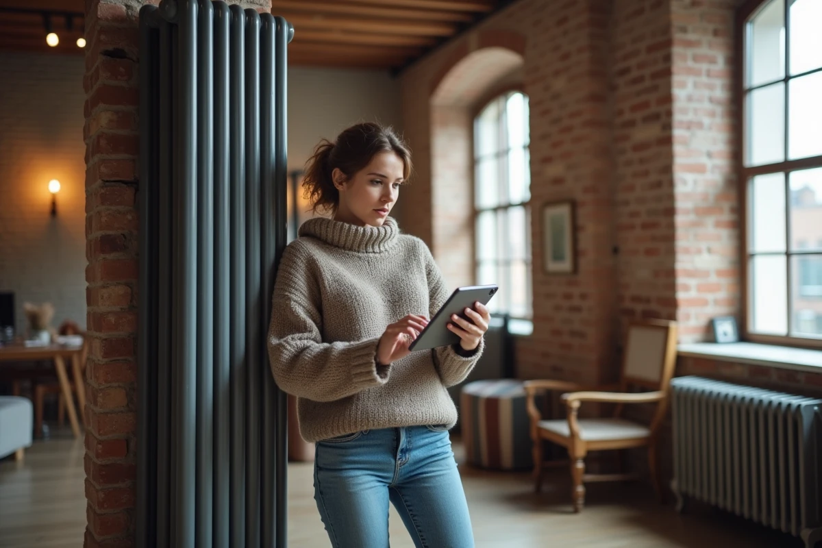 Jeune femme dans un loft regardant un radiateur avec tablette