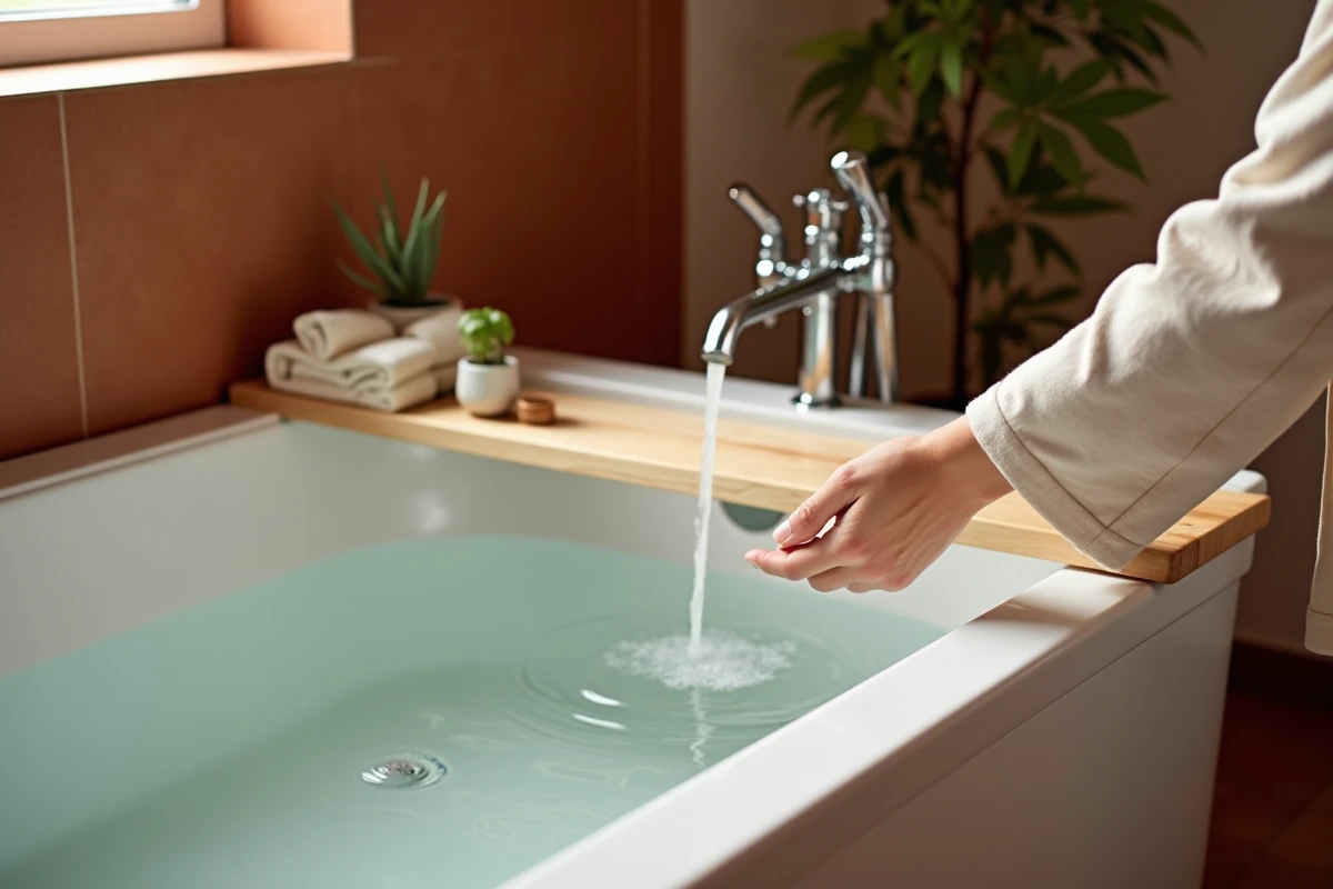 Femme en robe de bain remplissant une baignoire balnéo encastrée dans une salle de bain aux tons chauds en terracotta