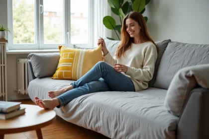 Femme relax&eacute;e en train de retourner une couverture de clic clac