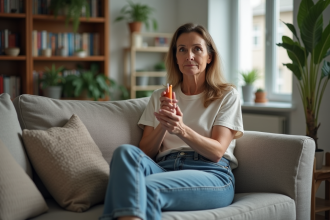 Femme assise sur un canapé avec un désodorisant, regard sceptique