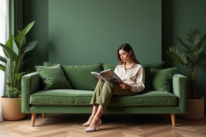 Femme élégante dans un salon vert contemporain