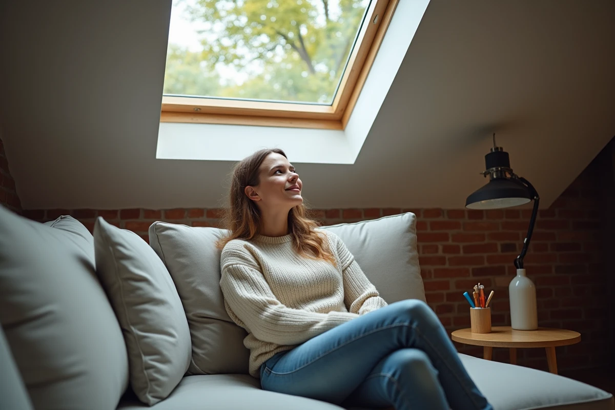 Femme assise dans un salon avec fenetre de toit ouverte