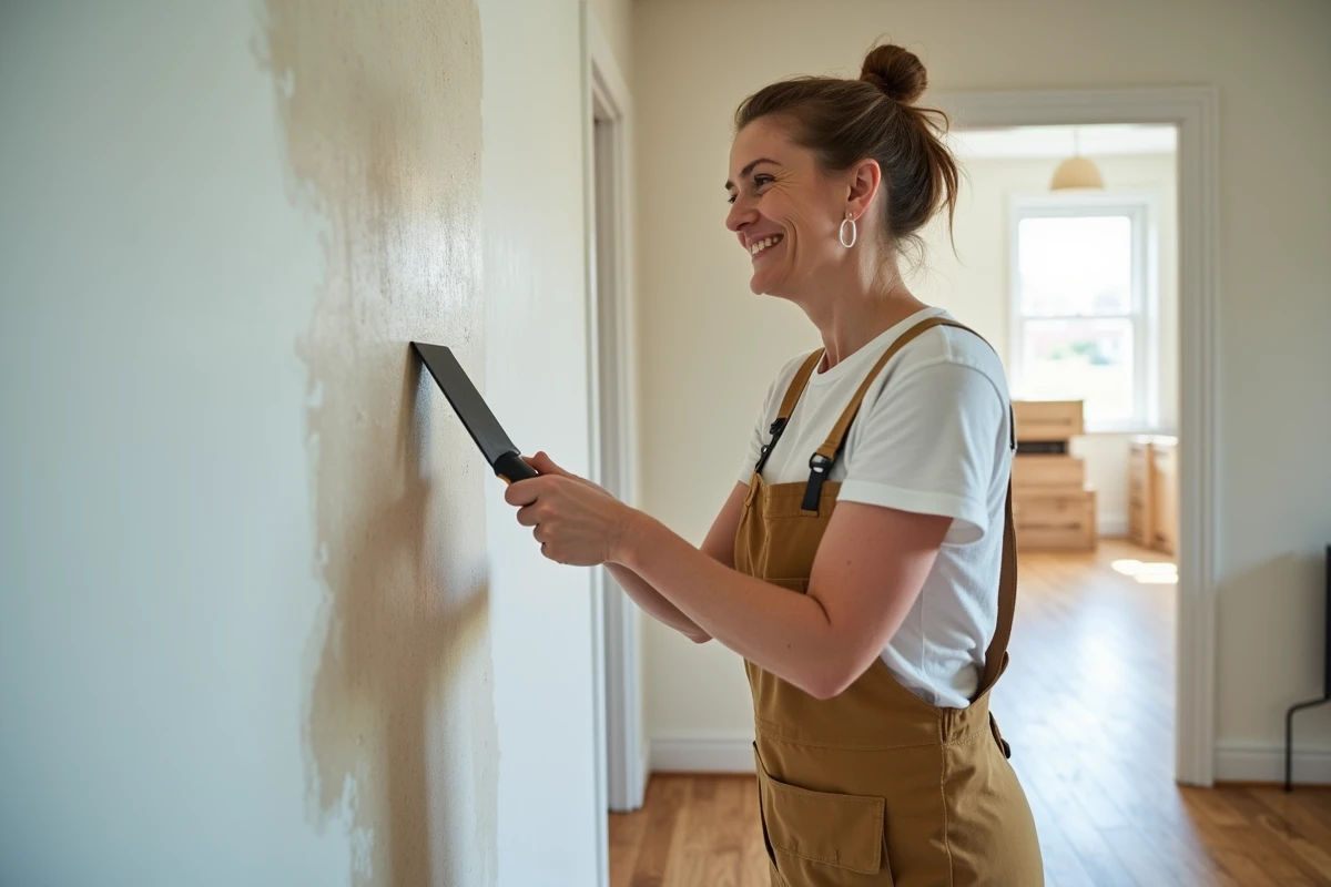 Femme posant du fiberglwall dans un couloir lumineux