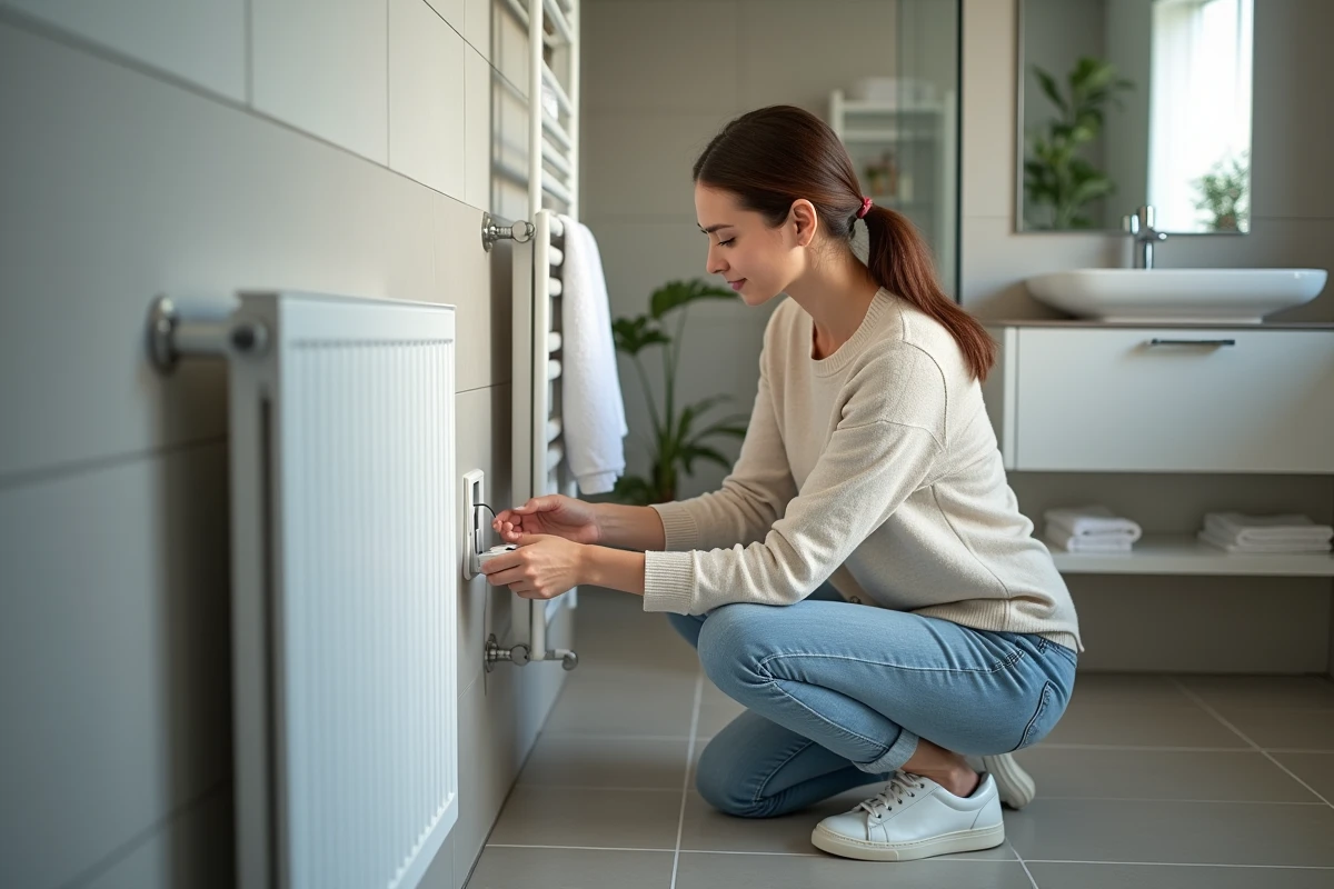 Femme branchant une prise électrique dans la salle de bain