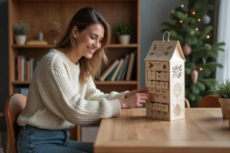 Femme souriante ouvre un calendrier de l'avent en intérieur