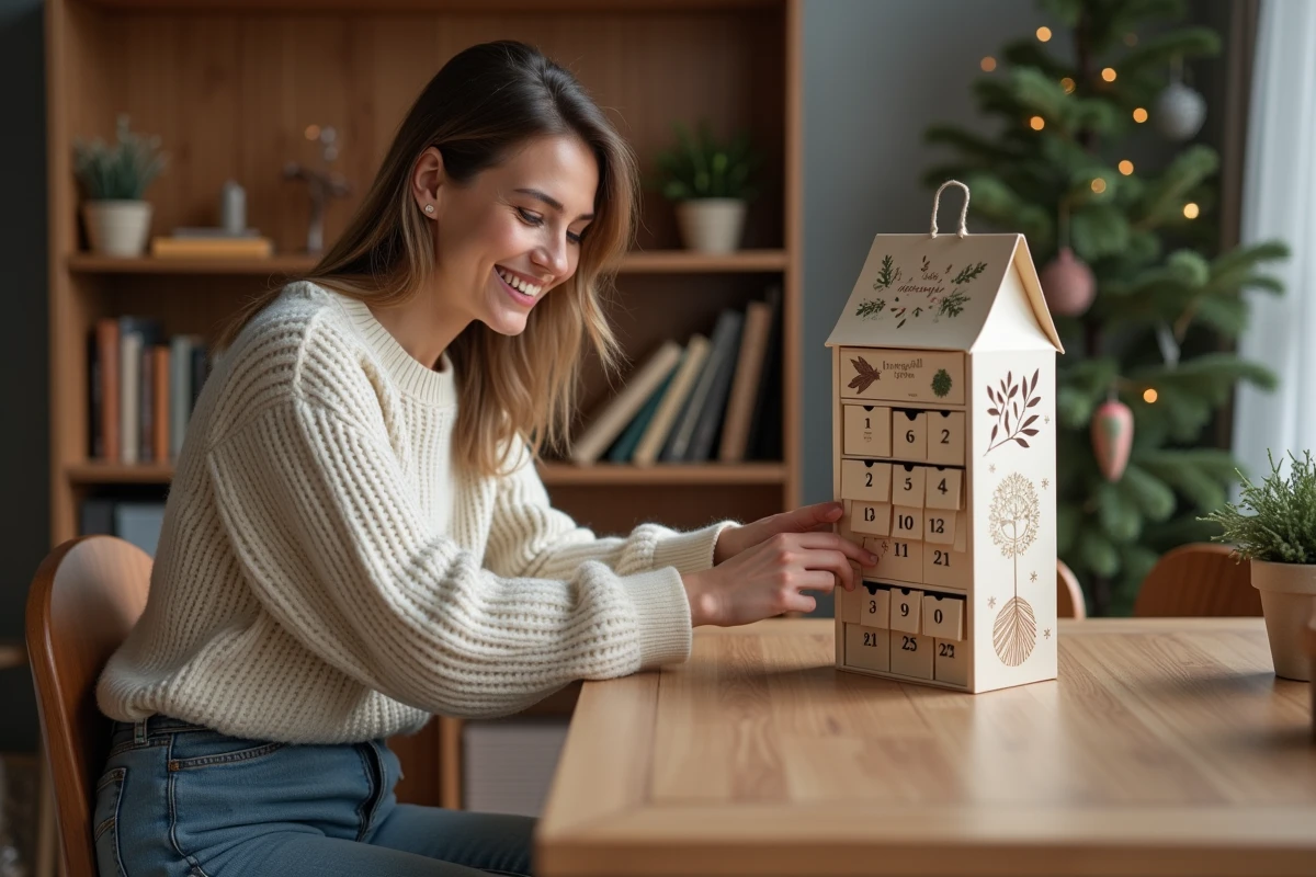 Femme souriante ouvre un calendrier de l'avent en int&eacute;rieur