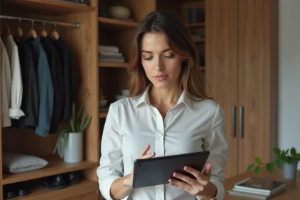 Femme examinant un plan digital d'un dressing moderne