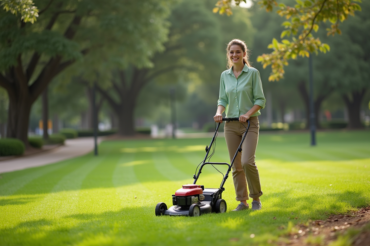 Jeune femme tondant la pelouse dans un parc public