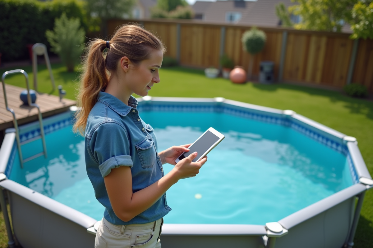 Jeune femme utilisant une tablette près de la piscine hors sol