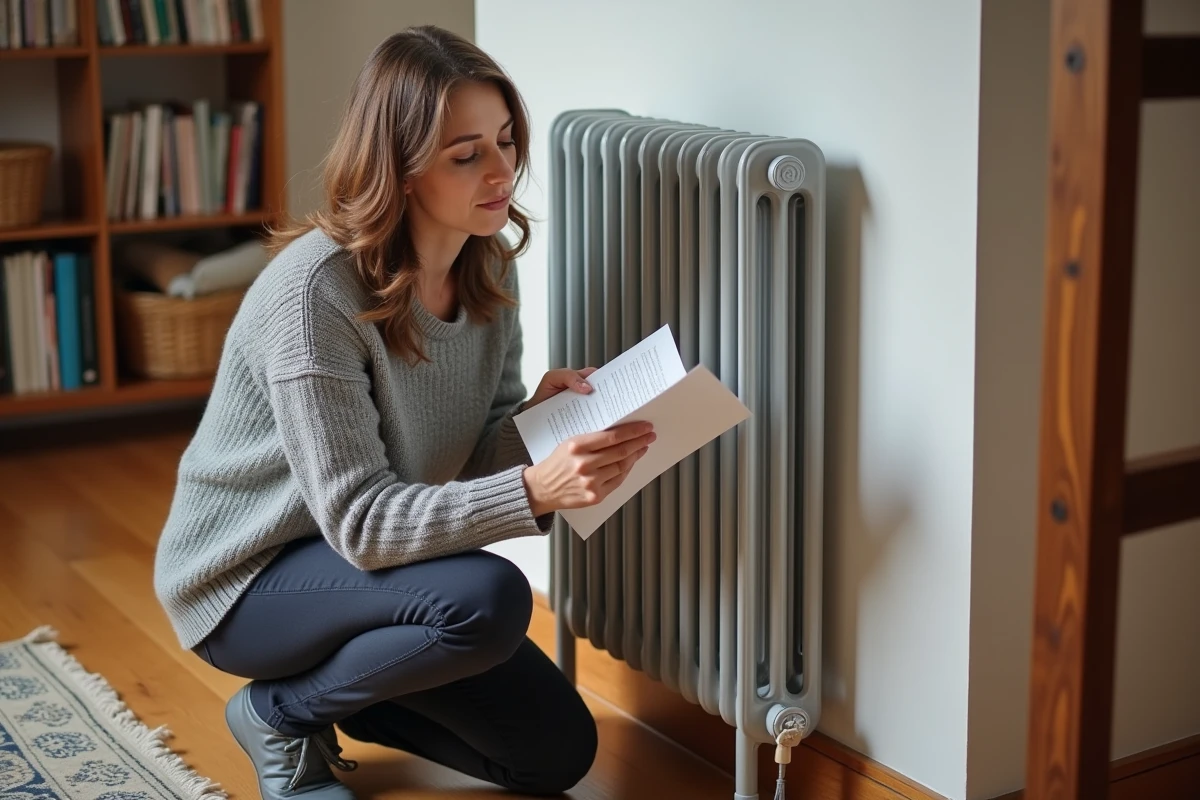 Femme à la maison vérifiant le pied d'un radiateur en fonte avec un guide d'installation