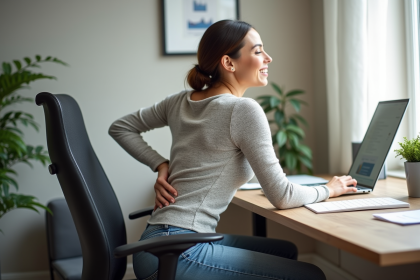 Femme assise en yoga au bureau dans un espace moderne