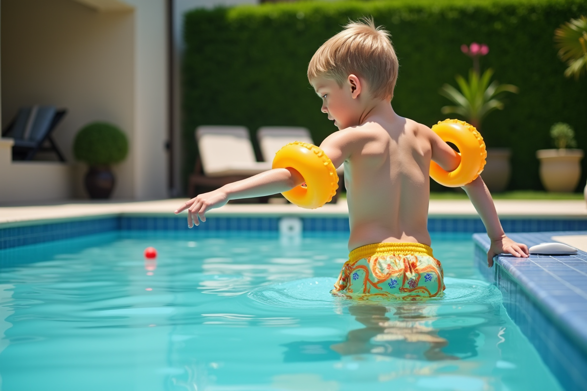 Jeune garçon pointant l’alarme de piscine