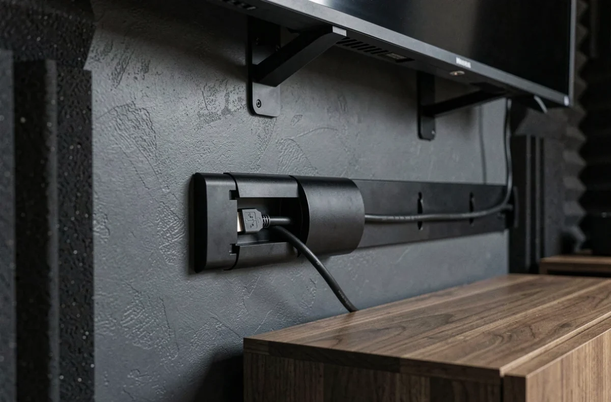 Goulotte plastique noire sur mur anthracite pour câbles TV, installation discrète dans salon home cinéma contemporain