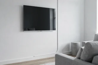 TV murale avec goulotte plastique blanche fixée verticalement sur mur blanc, rendu épuré façon showroom dans salon scandinave