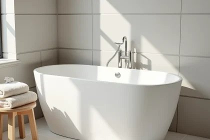 Grande baignoire familiale en porcelaine blanche mate dans une salle de bain spacieuse avec carrelage gris
