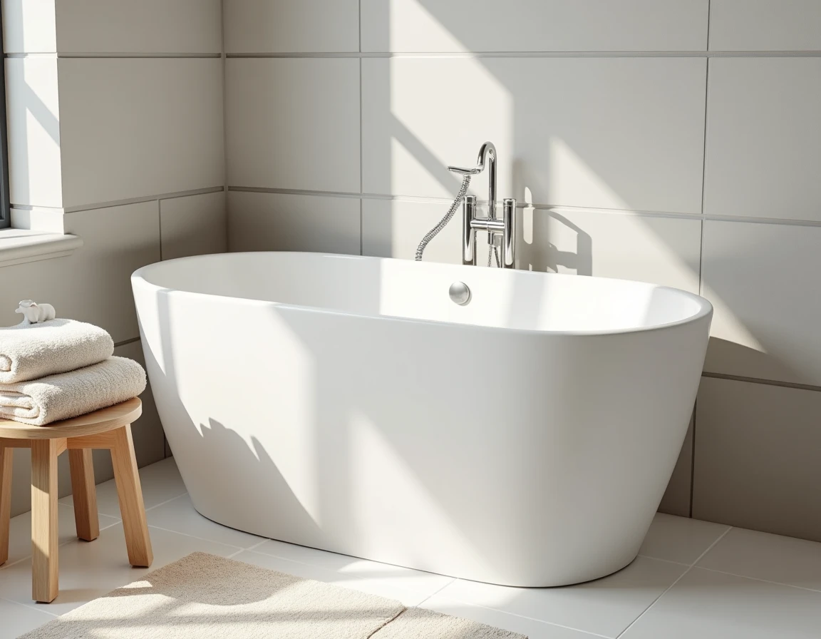 Grande baignoire familiale en porcelaine blanche mate dans une salle de bain spacieuse avec carrelage gris