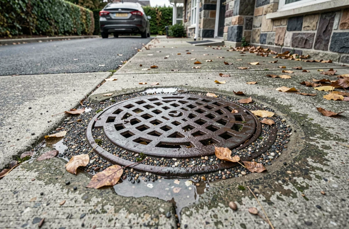 Gros plan sur une grille de puisard eaux pluviales en fonte encastrée dans une allée en béton avec feuilles mortes et eau stagnante