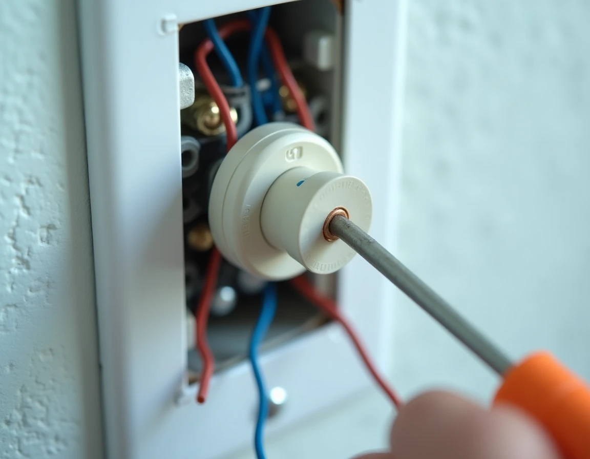 Gros plan d'un interrupteur poussoir démonté avec fils électriques visibles et tournevis sur fond de mur blanc