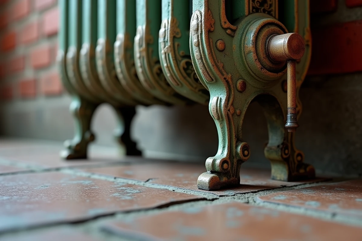 Gros plan sur un pied de radiateur en fonte mal aligné sur un carrelage fissuré, risque de sécurité visible