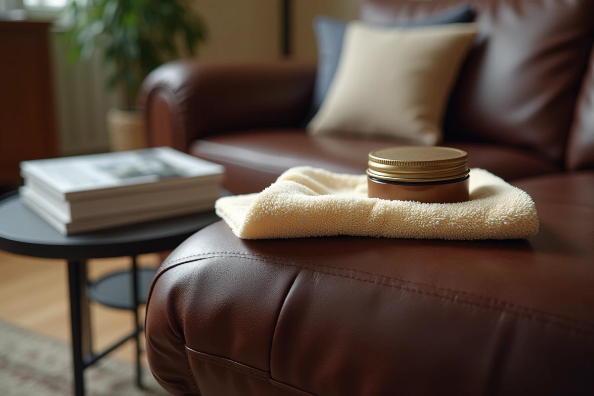 Gros plan sur l'application d'un produit POLILAR sur l'accoudoir d'un canapé en cuir brun avec un chiffon microfibre doux