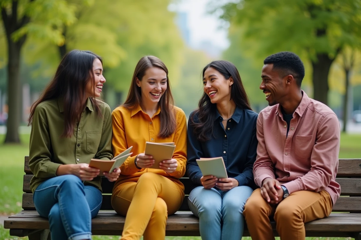 Groupe de jeunes adultes discutant en plein air dans un parc verdoyant