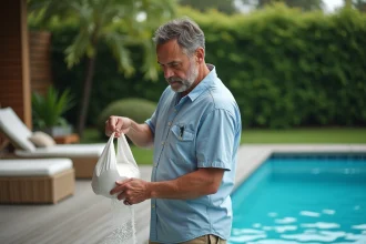 Homme versant du sel dans une piscine extérieure