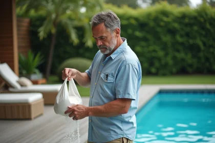 Homme versant du sel dans une piscine extérieure