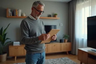 Homme d'âge moyen examinant une antenne TV dans son salon