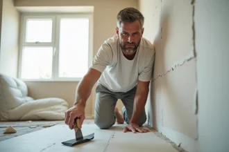 Homme appliquant du fiberglwall dans une pièce rénovée