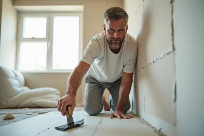 Homme appliquant du fiberglwall dans une pi&egrave;ce r&eacute;nov&eacute;e