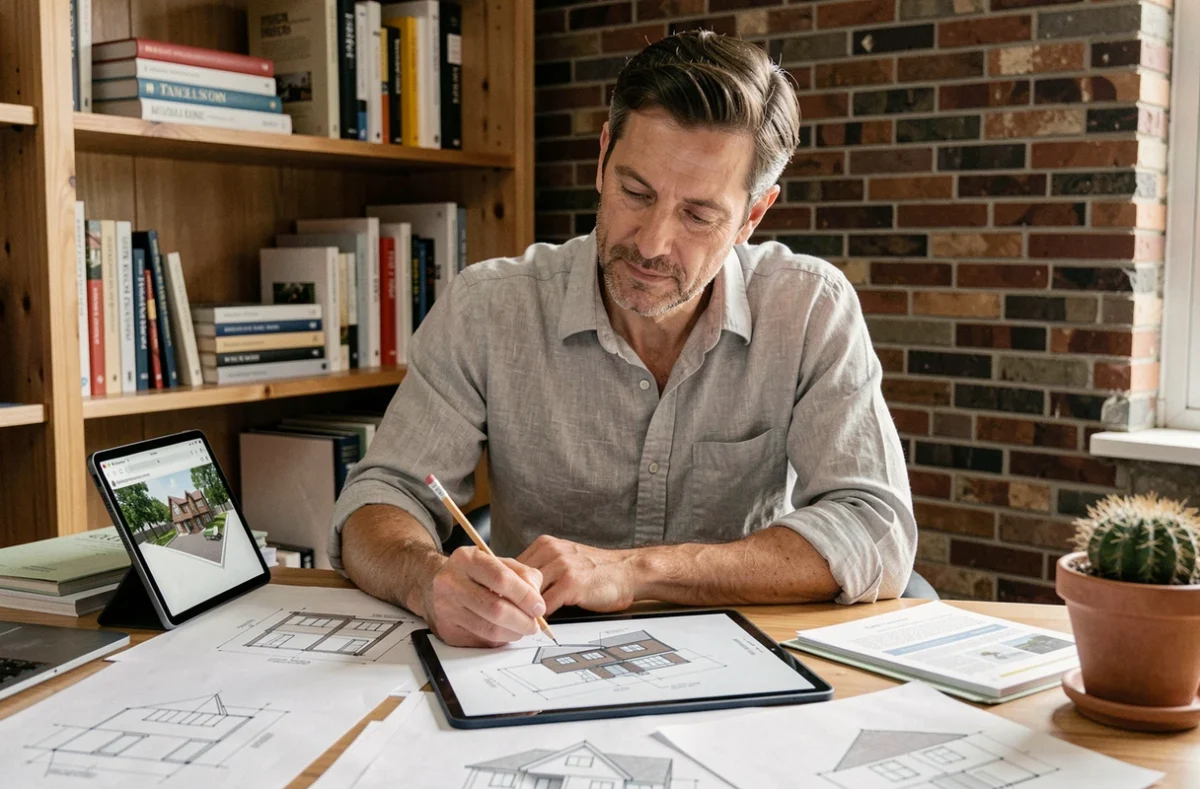 Homme travaillant sur des plans de maison en ligne avec une tablette et des croquis architecturaux dans un bureau à domicile