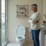 Homme d'âge moyen examine une toilette moderne dans une salle de bain