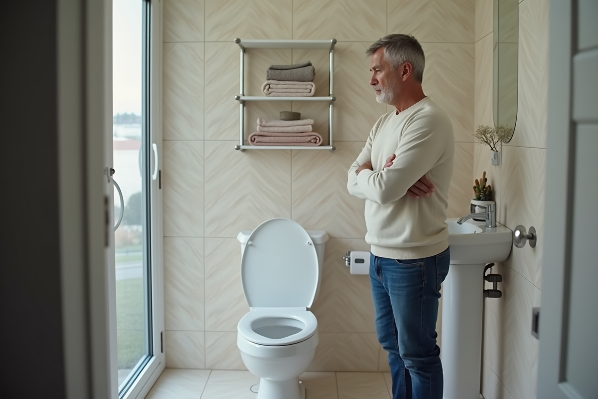 Homme d'âge moyen examine une toilette moderne dans une salle de bain
