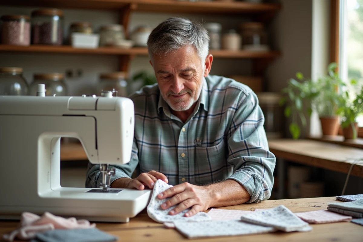 Homme cousant des sachets en coton sur un établi de couture