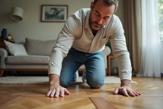 Homme regardant le parquet en bois dans un salon moderne