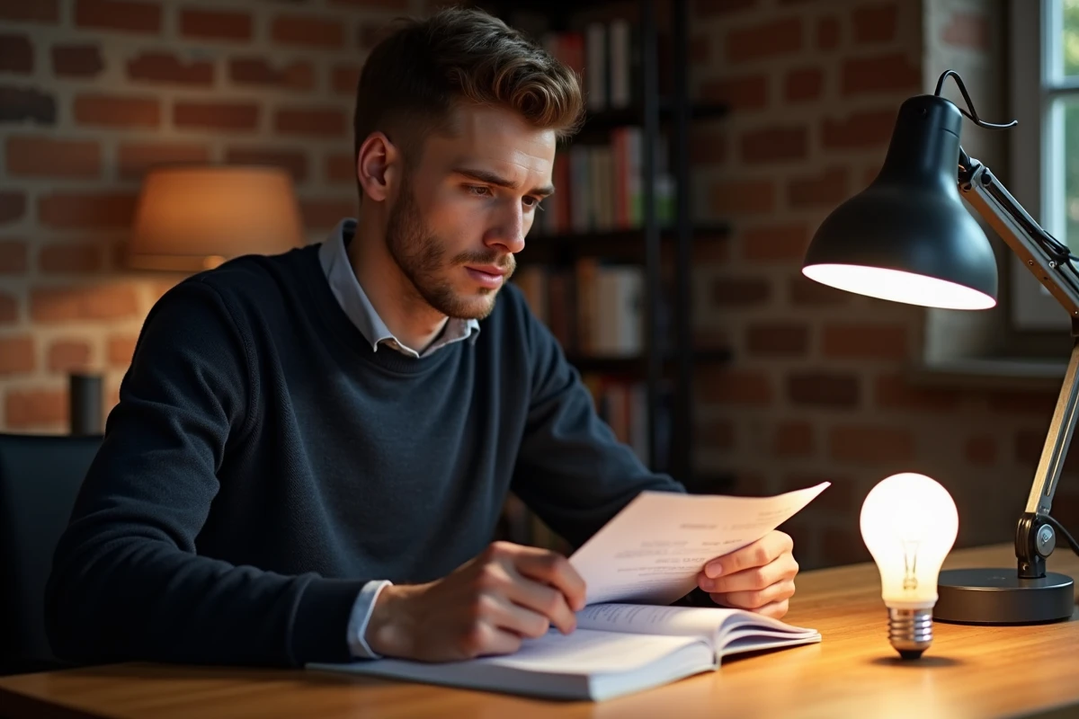Homme lisant un guide de correspondance lumens watts à son bureau avec une ampoule LED moderne et une ancienne ampoule à incandescence