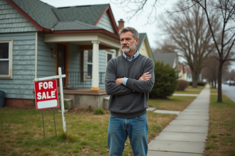 Homme d'âge moyen devant une maison à vendre en banlieue