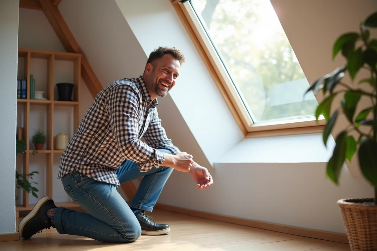 Homme inspectant une fenetre de toit dans un grenier lumineux