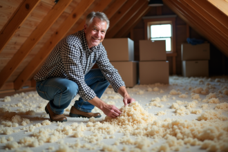 Homme en jeans dans un grenier avec isolation cellulose