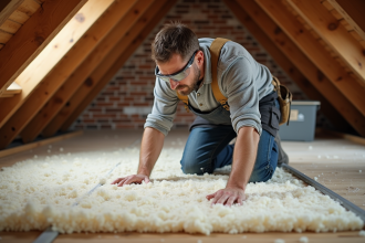 Homme en tenue de travail appliquant de la cellulose dans un grenier