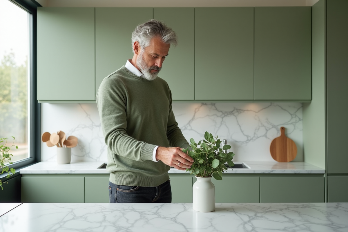 Homme arrangeant des fleurs dans une cuisine moderne