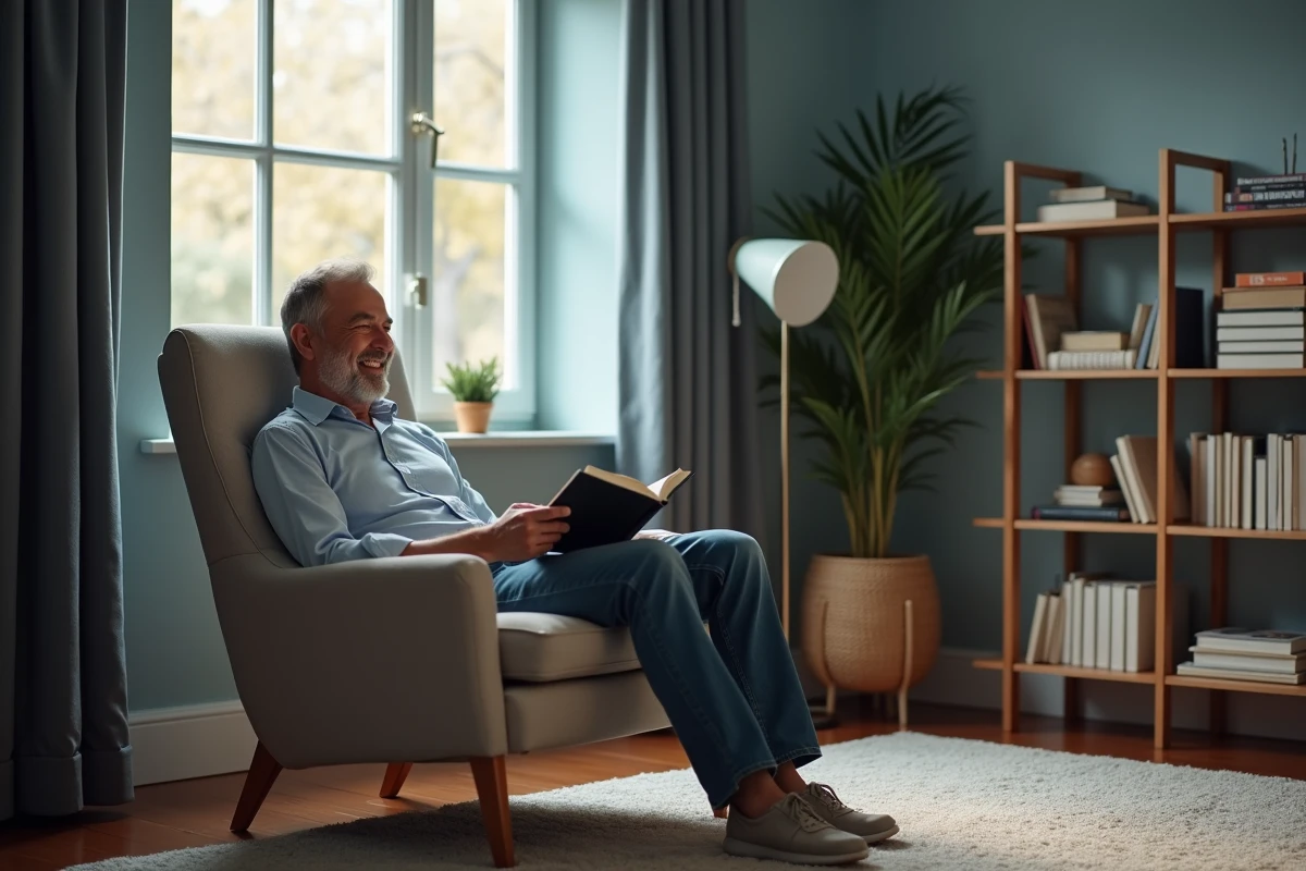 Homme détendu lisant dans un fauteuil près de la fenêtre